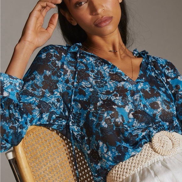 Anthropologie Tops - Anthropologie Sheer Printed Peasant Blouse Womens Size M